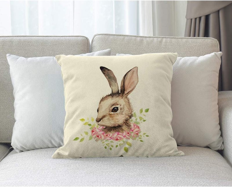 Moslion Bunny Pillows Decorative Pillow Case Sketch of Cute Animal Rabbit with Pink Rose Flowers Green Leaves for Easter Throw Pillow Cover Square Cushion Accent Cotton Linen Home 18x18 Inch Brown - Image 3